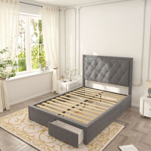 B124 High-back Headboard Upholstered Bed with Storage Drawers