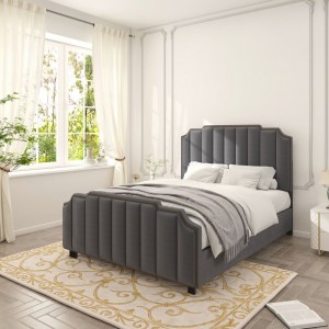 B127 Queen Size Modern Dark Grey Tufted Upholstered Bed Frame with Headboard
