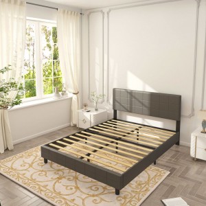 B129-L Upholstered Bed Frame with Grid Pattern Design Headboard and Footboard