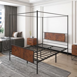 JHB45-J Black Metal Canopy Platform Bed Frame Full Size Iron Wood 4 Poster Bed