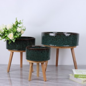 Home or Garden Ceramic Decorative Basin with Wooden Bench