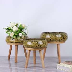 Home or Garden Ceramic Decorative Basin with Wooden Bench