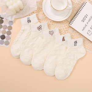 Spring And Summer Boat Pure Cotton Short Tube Embriobery Small White Invisible Cartoon Love Pure Color Socks