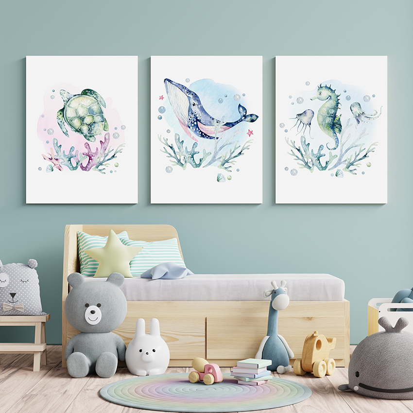 3 Pieces Canvas Wall Art paintings Watercolor marine animal printing on the canvas animal on the canvas family modern decoration.