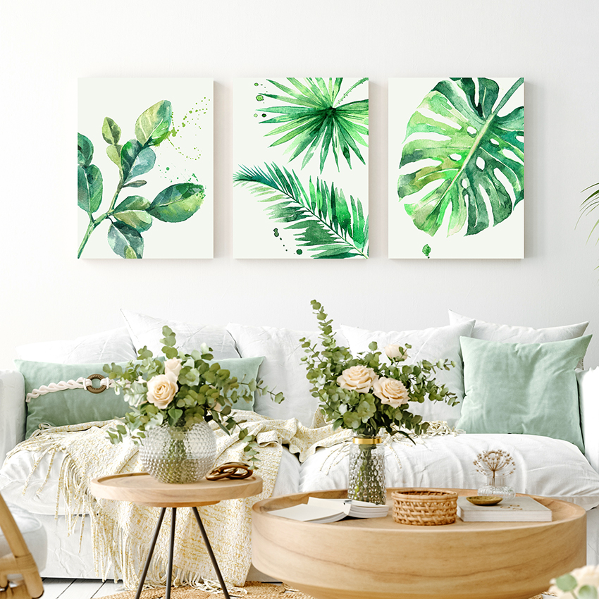 3 pieces of canvas wall art painting watercolor tropical green leaf printing on canvas watercolor painting family modern decoration
