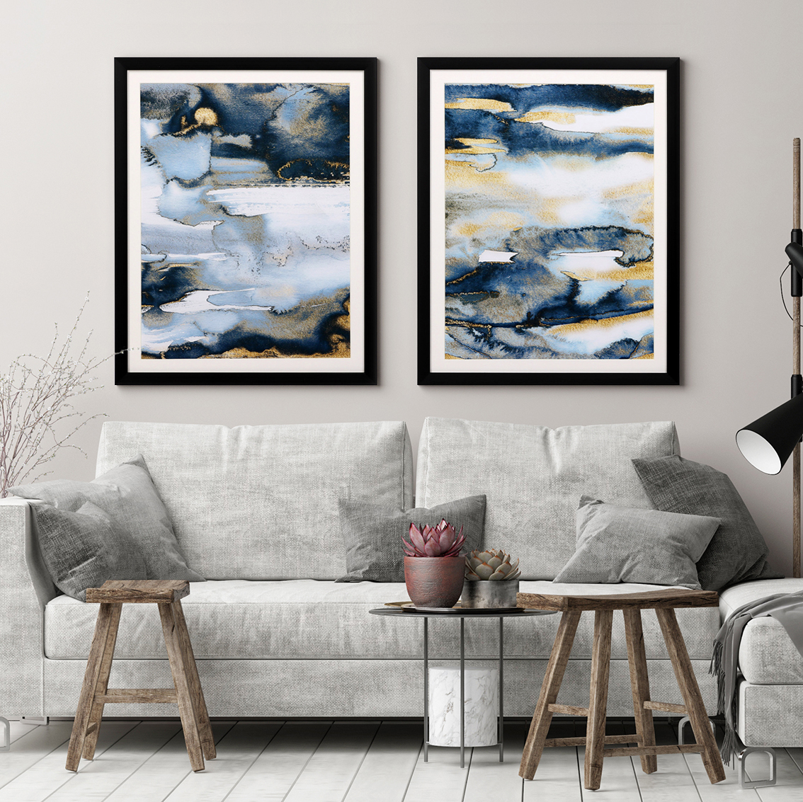Framed abstract watercolor blue and gold wall art