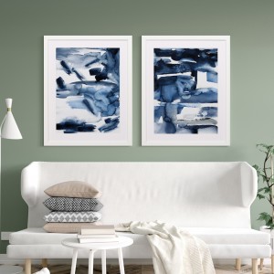 Set of 2 Framed Blue Watercolor Abstract Wall Art