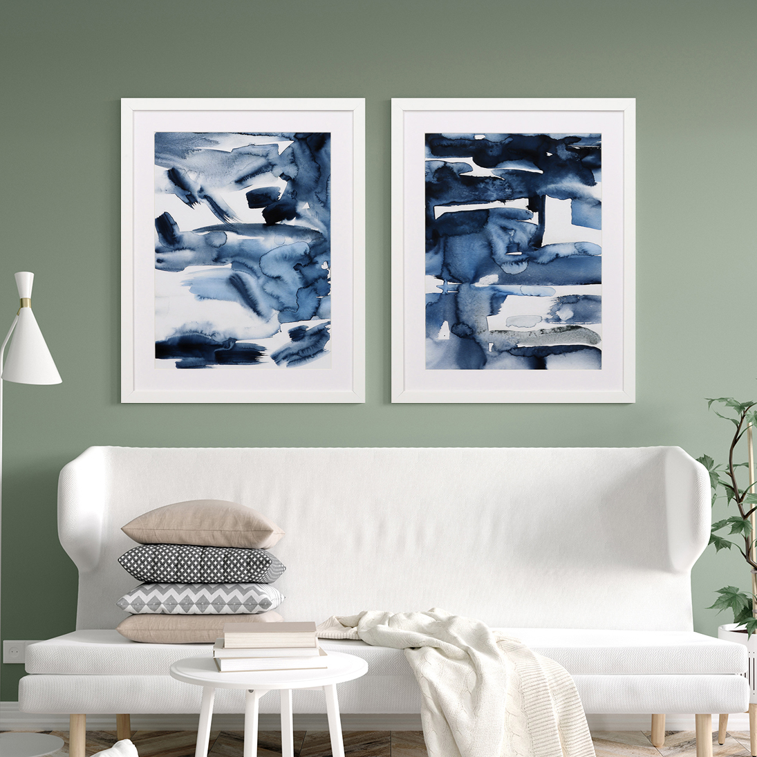 Set of 2 Framed Blue Watercolor Abstract Wall Art