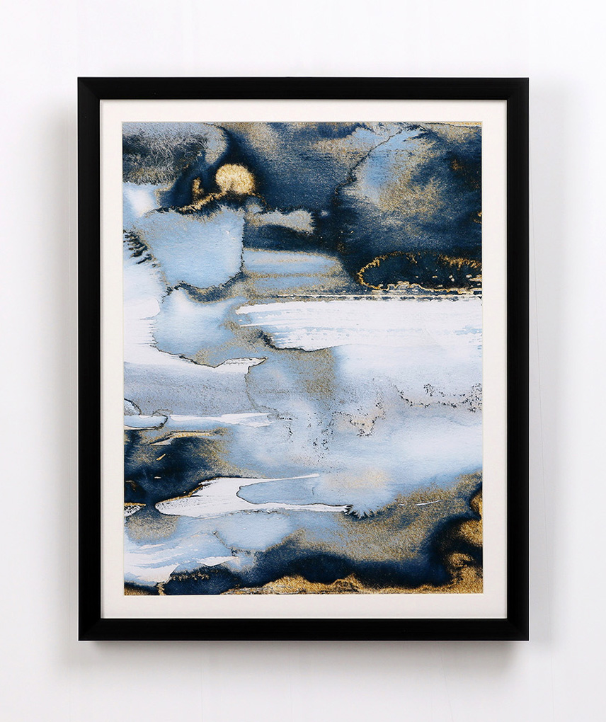 Framed abstract watercolor blue and gold wall art