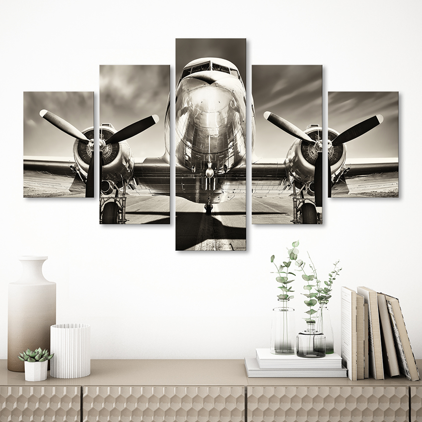 5 Pieces Canvas Wall Art Vintage airplane on runway Home Decor Wall Decor Paintings