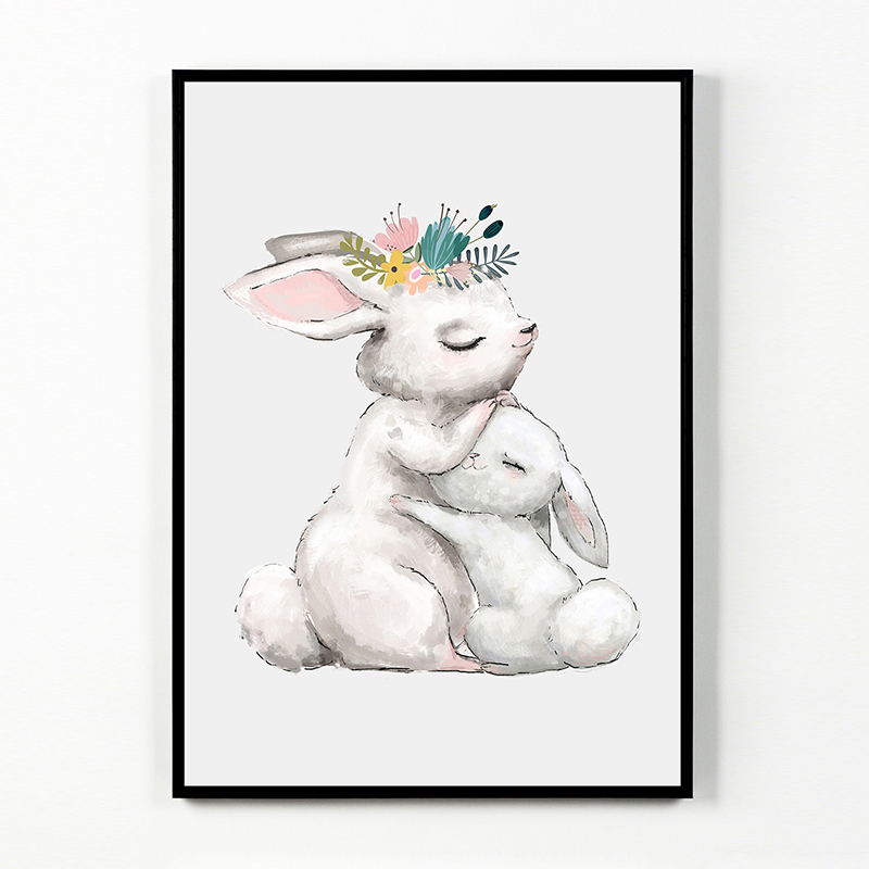 High definition Paper Wall Decoration - Framed canvas cute animal mom and her kids watercolor wall art – Jane Waytt