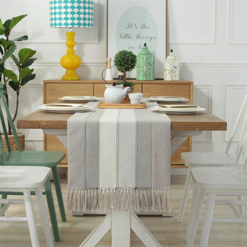 Household high-grade striped tassel double-layer cotton and linen rectangular tablecloth