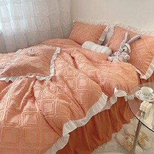High-end solid color three-dimensional cut flower quilt cover bed skirt three-piece set