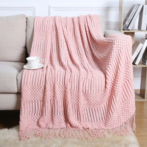 Houndstooth fringed sofa knitted blanket sand