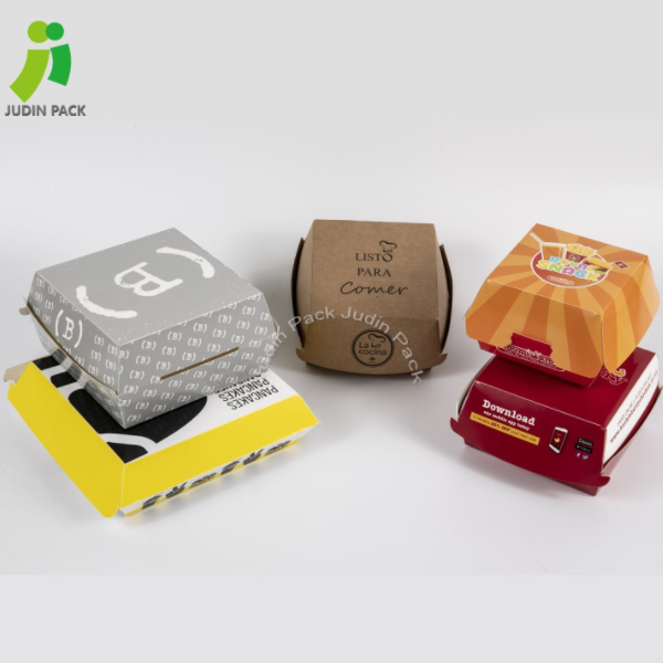 กล่องบรรจุภัณฑ์กระดาษอาหาร Takeaway แบบใช้แล้วทิ้งที่ย่อยสลายได้ทางชีวภาพสำหรับแฮมเบอร์เกอร์