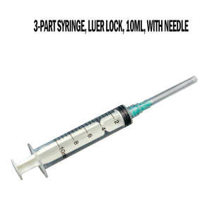 Disposable 3-part syringe, luer lock, 10ml, with needle