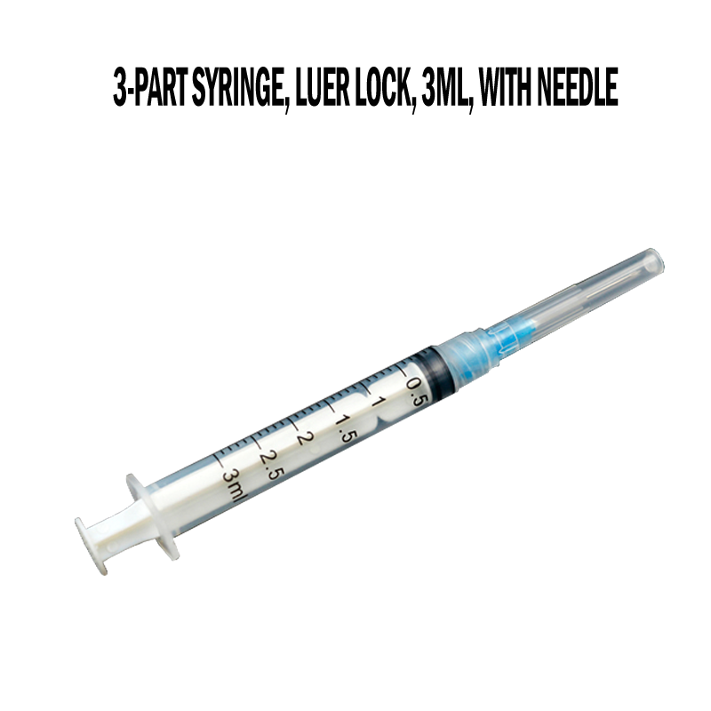 Disposable 3-part syringe, luer lock, 3ml, with needle