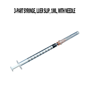 Disposable 3-part syringe, luer slip, 1ml, with needle
