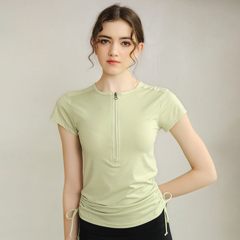 Женска мајица за јогу са полу патентним затварачем, танка, прозрачна, кратких рукава