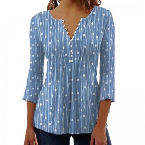3/4  Sleeve Button V Neck Tops for Women,Women’s Casual Loose Polka Dots Floral Tops Blouses Shirt