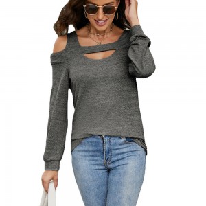 Women’s Summer Shirts Scoop Neck Cold Shoulder Tops Blouse Casual Long Sleeve Pullover
