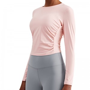 Long Sleeve Crop Tops for Women Workout Cropped Top Pleated Waist Athletic Gym Shirts