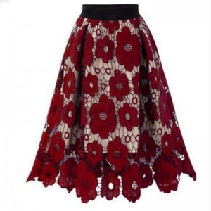 Women’s Beautiful Hollow-Out Floral Lace High Waisted A-Line Midi Long Skirt