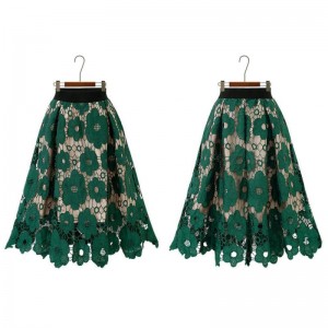 Women’s Beautiful Hollow-Out Floral Lace High Waisted A-Line Midi Long Skirt