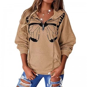 Women’s Butterfly Print Drop Shoulder Half Zip Sweatshirts with Pockets