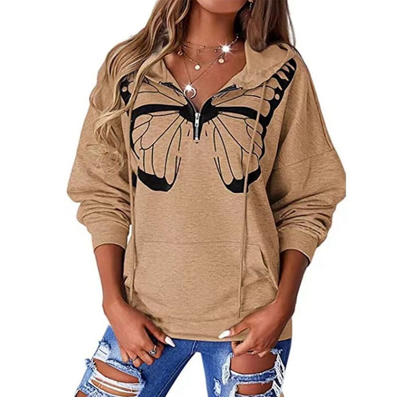 Women's Butterfly Print Drop Shoulder Half Zip Sweatshirts with Pockets (2)
