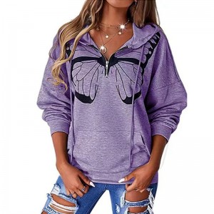 Women’s Butterfly Print Drop Shoulder Half Zip Sweatshirts with Pockets