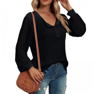 Women’s Long Lace Sleeve Polo Loose Casual Button Crewneck Tops Blouses