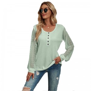 Women’s Long Lace Sleeve Polo Loose Casual Button Crewneck Tops Blouses