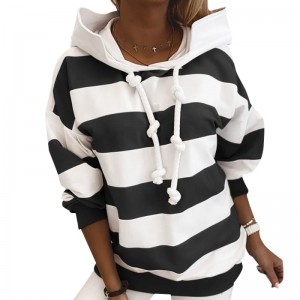 Women’s Striped Hoodies Tops Long Sleeve Casual Drawstring Pullover Sweatshirt