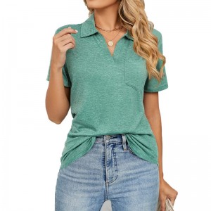 Womens V Neck Polo Shirts Short Sleeve Collared Tops Loose Casual Tunic Blouses with Pocket