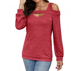 Women’s Summer Shirts Scoop Neck Cold Shoulder Tops Blouse Casual Long Sleeve Pullover