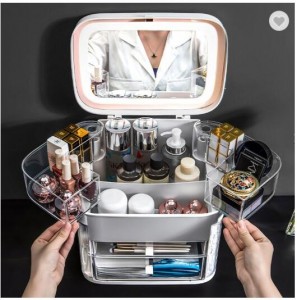 Chinese Professional Triangle Trash Can - Multifunctional USB Rechargeable Makeup Storage Box Portable Cosmetic Organizer Make Up Storage Box with LED light Mirror1 – KAIHUA