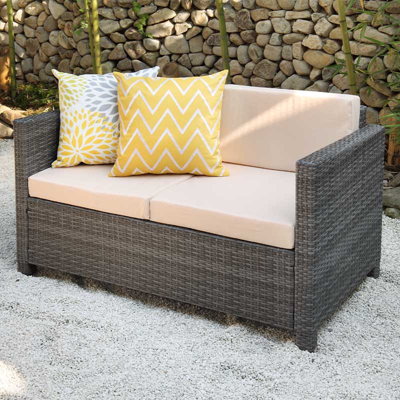 Brown rattan color K/D conversation small size garden sofa with glass top coffee table set