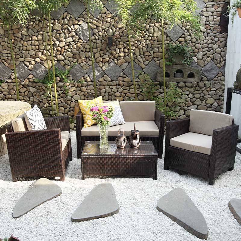 Brown rattan color K/D conversation small size garden sofa with glass top coffee table set Featured Image