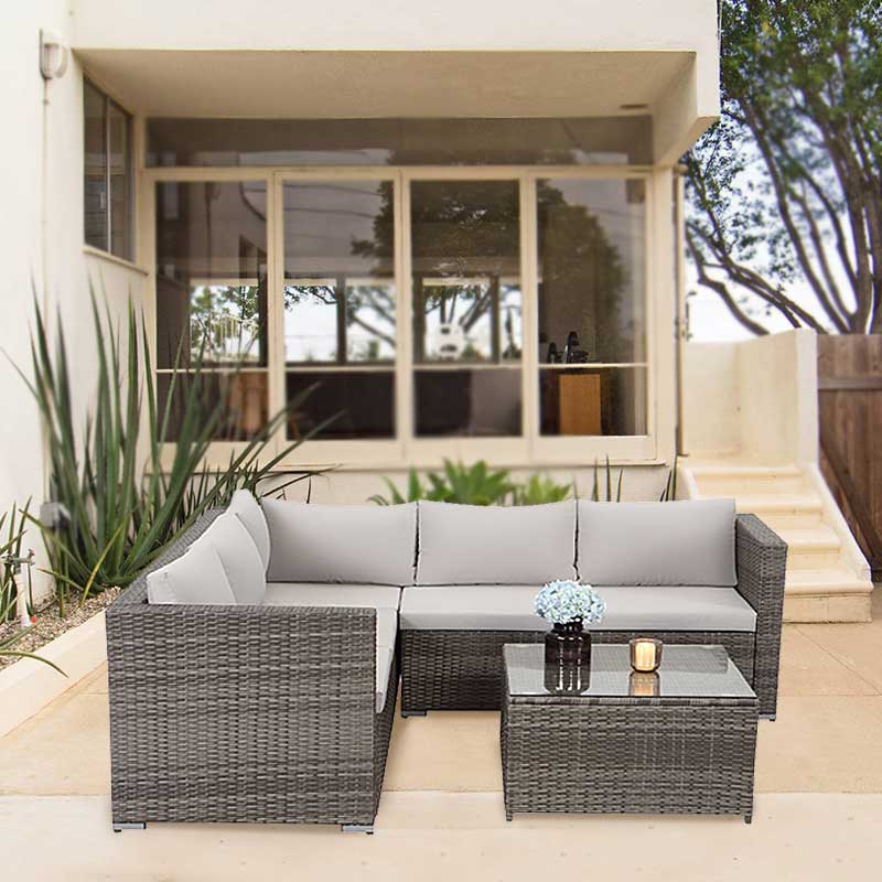 Garden Conversation Wicker Patio Sectional K/D Furniture Sofa Set with Coffee Table and Cushion for Lawn