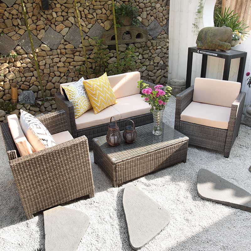 Brown rattan color K/D conversation small size garden sofa with glass top coffee table set
