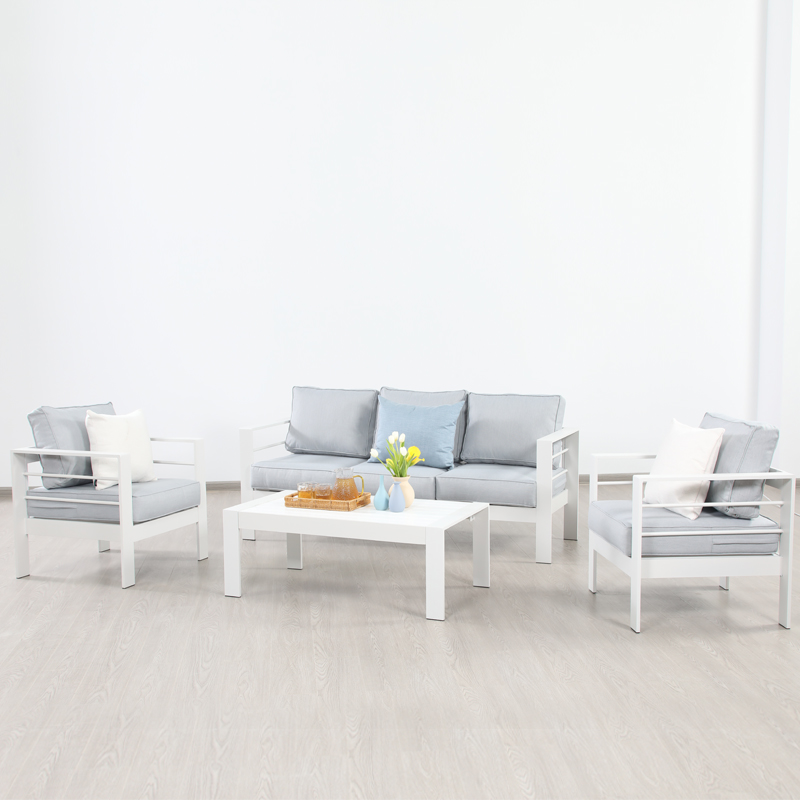 4 Pcs Powder coating white aluminum frame  K/D conversation 5 person group garden sofa set Featured Image