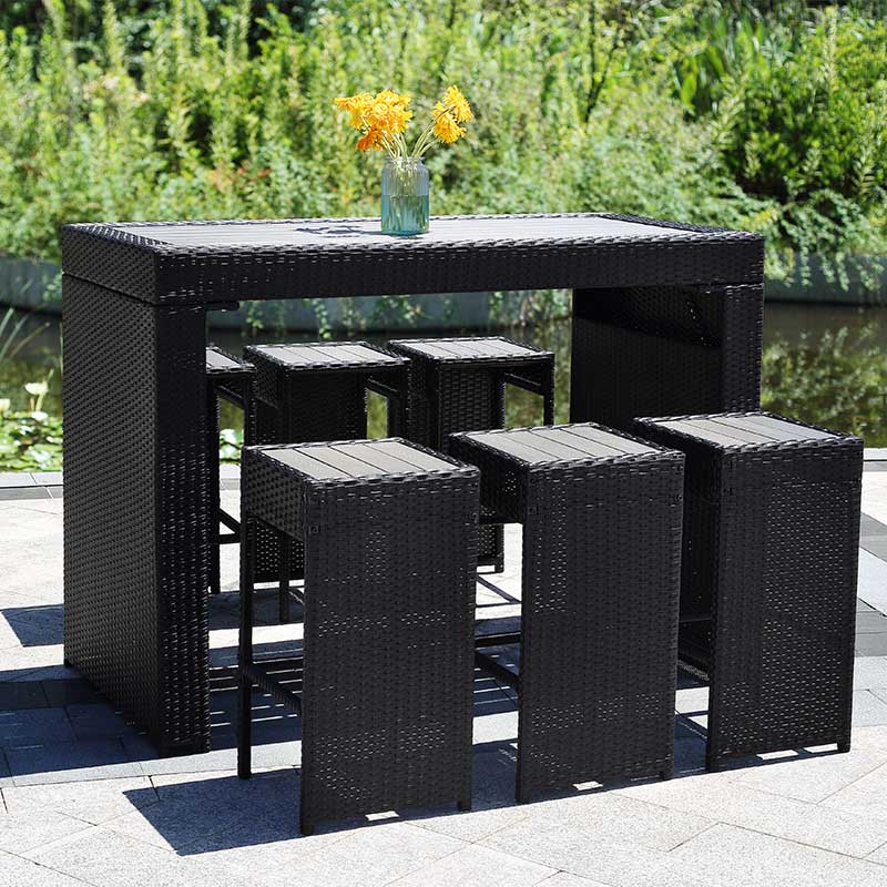 Rattan K/D patio long bar height dining set 6 person chatting set with palstic wood table and barstool top