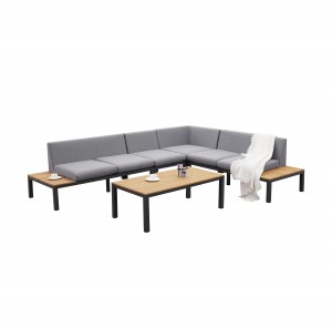 Kaixing HB41.9709-Aluminum Sectional Garden 5 Person Group Sofa Set with Teak Wood on Sofa Side and Table Top