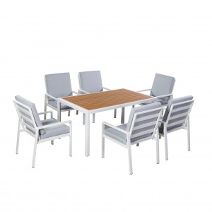 Garden balcony 7 pcs group with 6 chairs and one long alu frame white table K/D set