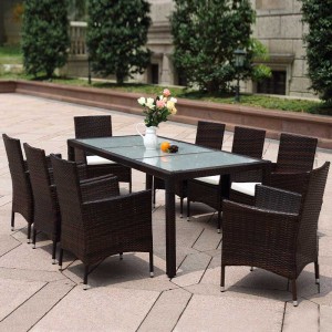 China Wholesale Dining Table Set Factory –  Garden K/D Long dining table and 8 chairs set with 3 pcs black tempered glass furniture  – KAIXING
