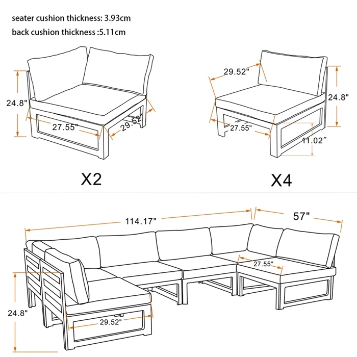 KAIXING Garden Aluminum Material 6 Seater Sectional Sofas with Coffee Table or Firepit Table Outdoor Set