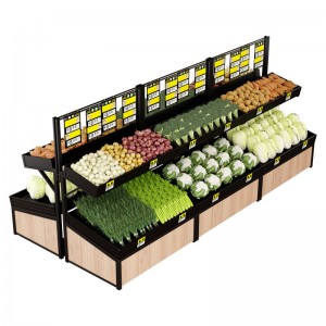 Fresh store shelves fruit and vegetable shelves steel and wood multiple layers