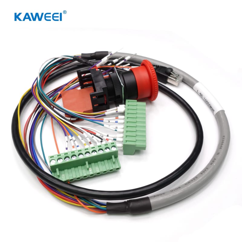 Emergency stop device to terminal block to PCB dual 8-pin RJ45 cable assembly harness for leak-proof machine equipment. Featured Image