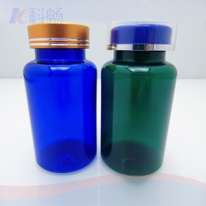 7 oz blue PET round bottle with 38-410 neck finish